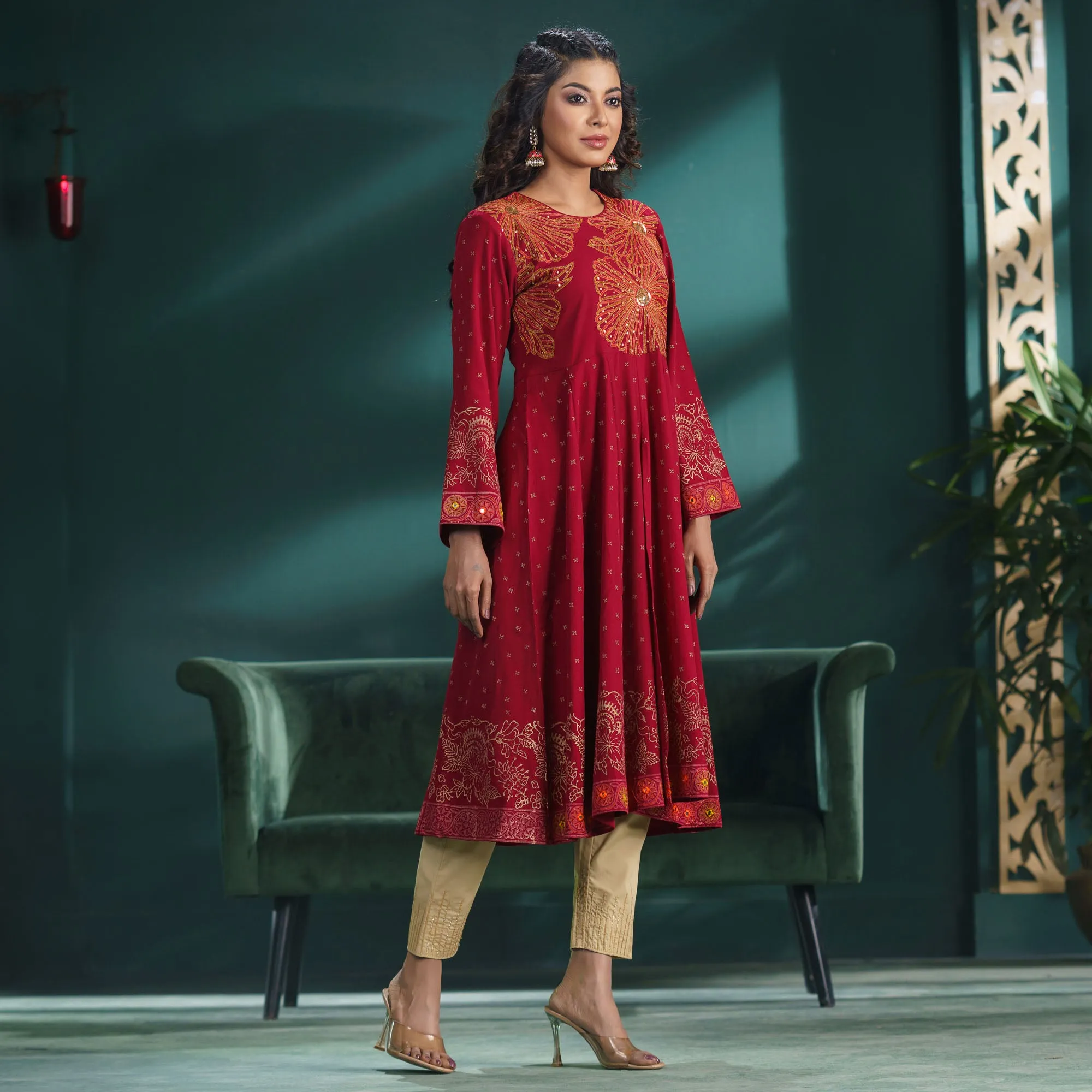 Womens Ethnic Premium Kurti-Maroon