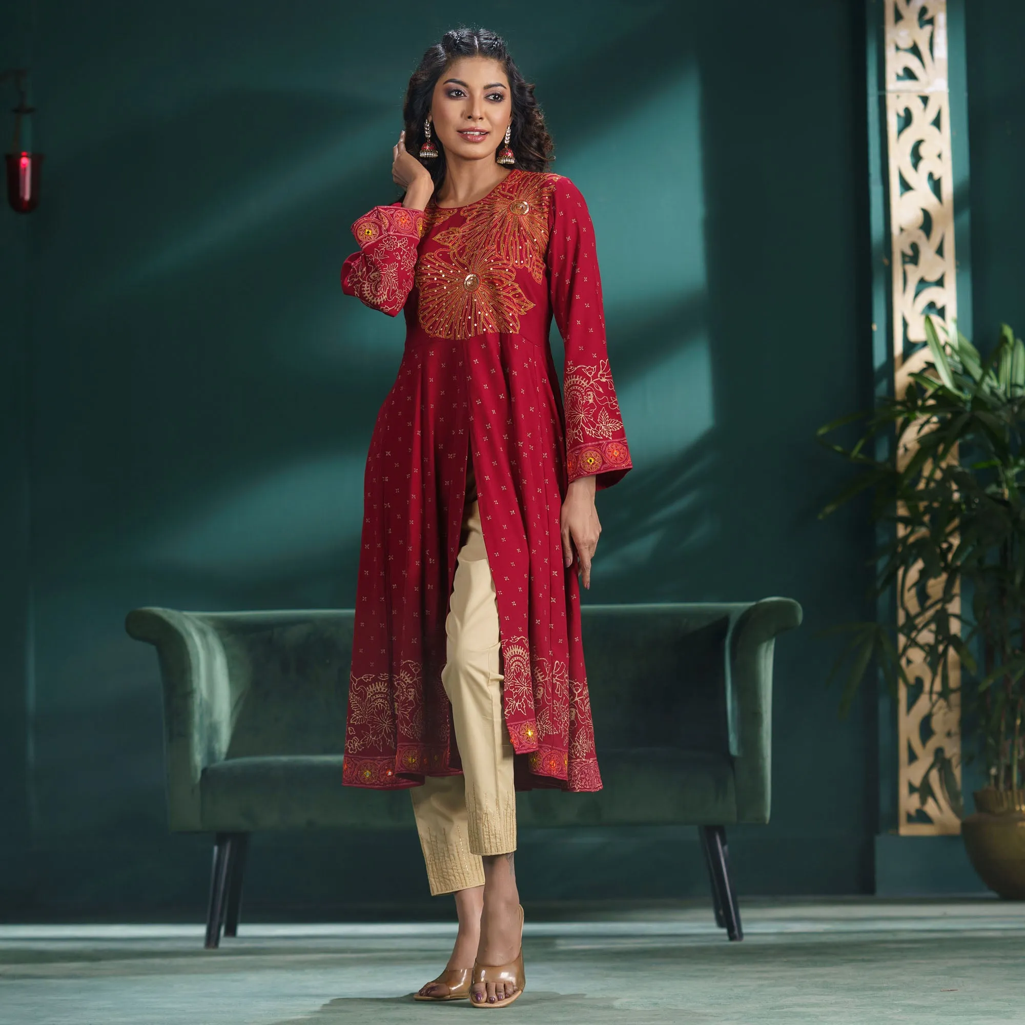 Womens Ethnic Premium Kurti-Maroon