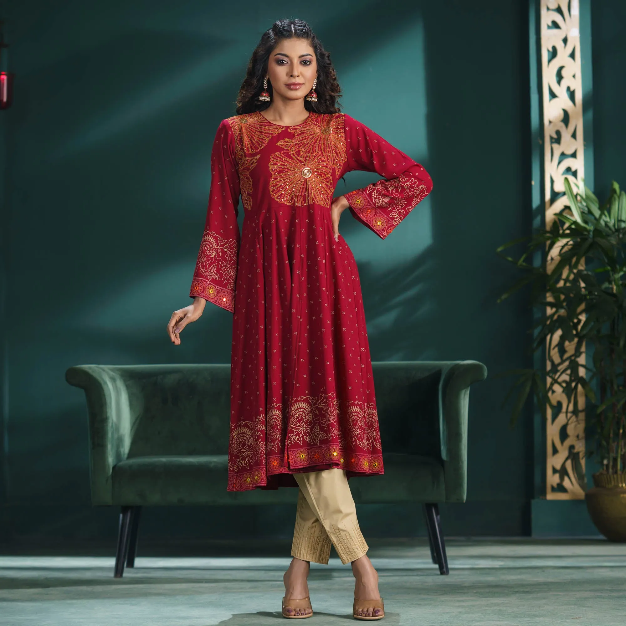Womens Ethnic Premium Kurti-Maroon
