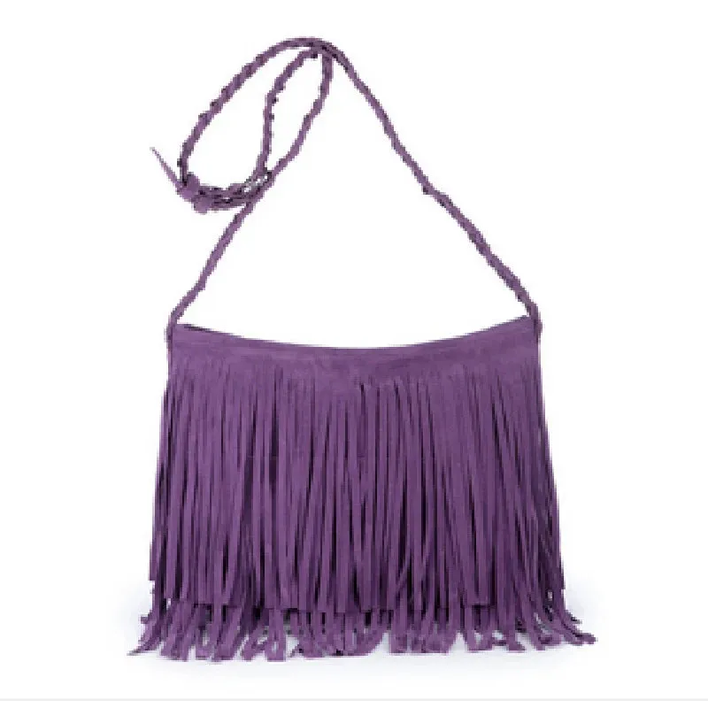 Women's Fringed Leather Shoulder Bag with Adjustable Knitting Strap Soft Ethnic Style PU Messenger Bag Solid Color 2022 New