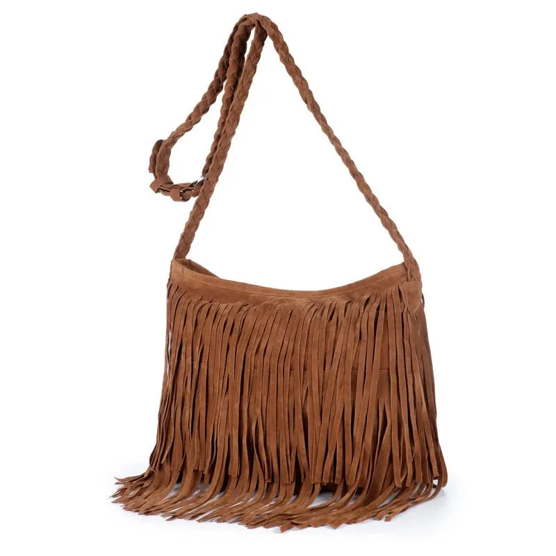 Women's Fringed Leather Shoulder Bag with Adjustable Knitting Strap Soft Ethnic Style PU Messenger Bag Solid Color 2022 New