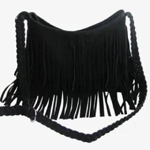Women's Fringed Leather Shoulder Bag with Adjustable Knitting Strap Soft Ethnic Style PU Messenger Bag Solid Color 2022 New