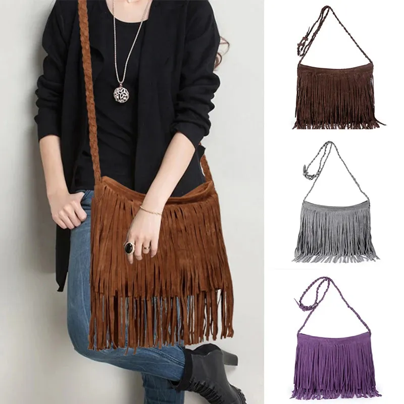 Women's Fringed Leather Shoulder Bag with Adjustable Knitting Strap Soft Ethnic Style PU Messenger Bag Solid Color 2022 New