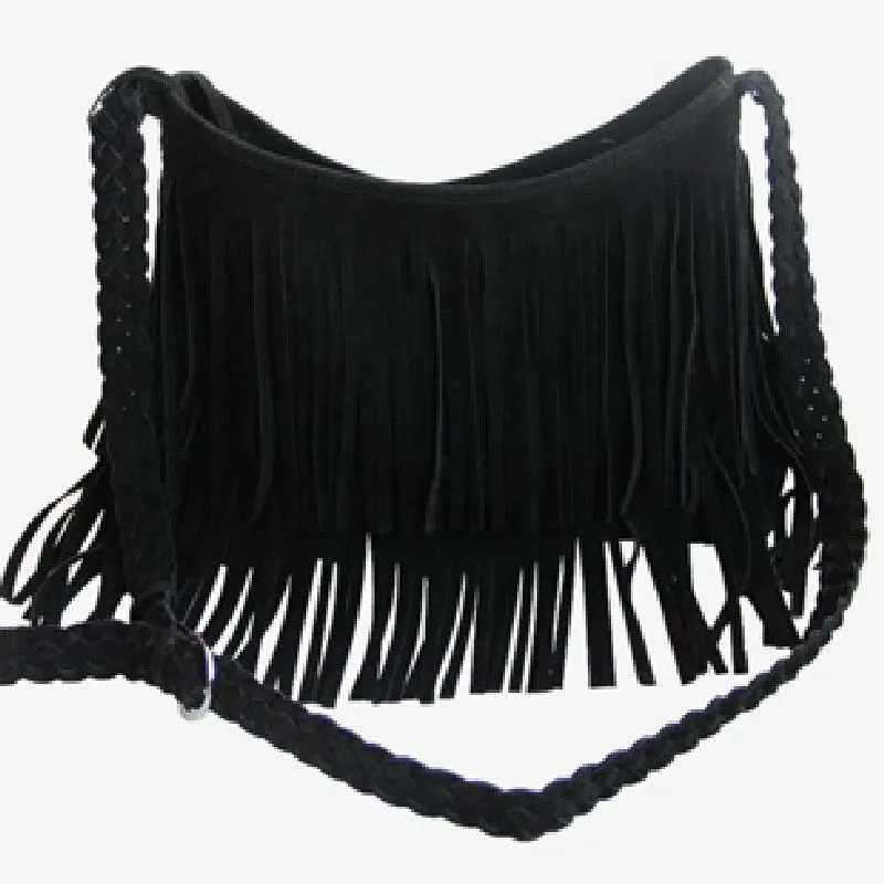 Women's Fringed Leather Shoulder Bag with Adjustable Knitting Strap Soft Ethnic Style PU Messenger Bag Solid Color 2022 New