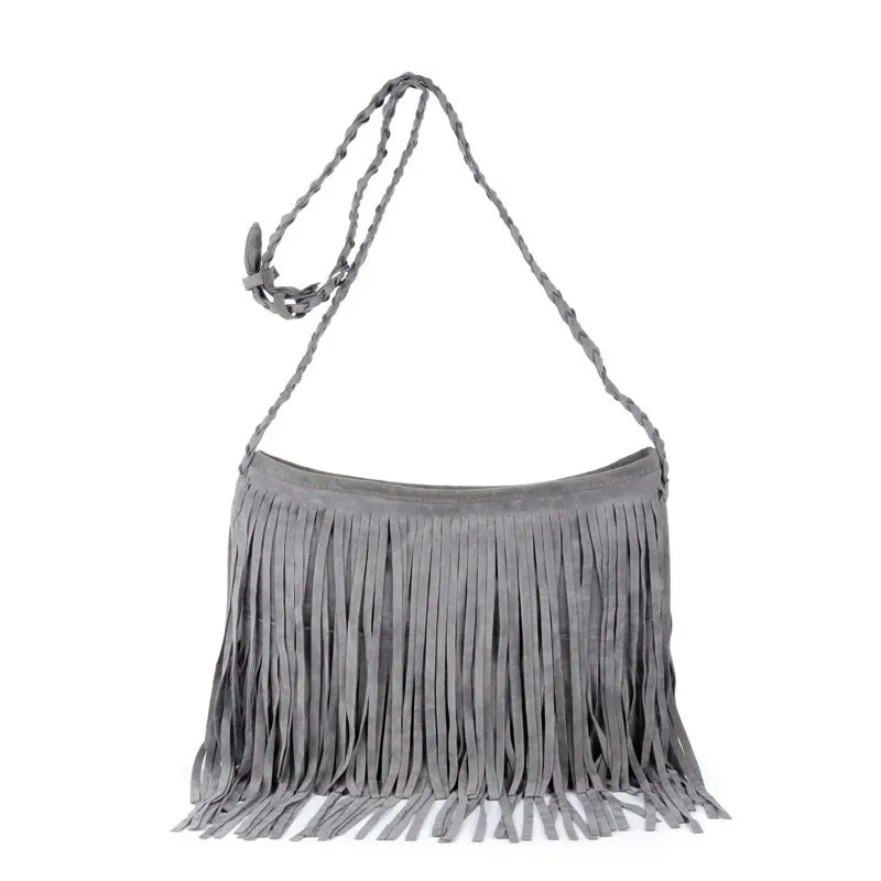 Women's Fringed Leather Shoulder Bag with Adjustable Knitting Strap Soft Ethnic Style PU Messenger Bag Solid Color 2022 New