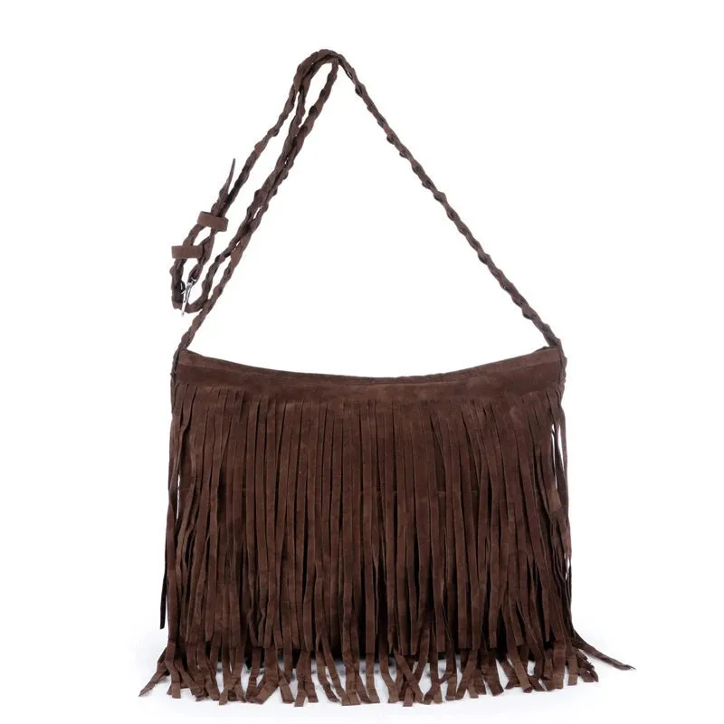 Women's Fringed Leather Shoulder Bag with Adjustable Knitting Strap Soft Ethnic Style PU Messenger Bag Solid Color 2022 New