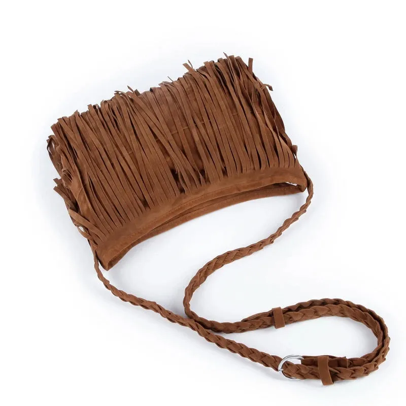 Women's Fringed Leather Shoulder Bag with Adjustable Knitting Strap Soft Ethnic Style PU Messenger Bag Solid Color 2022 New