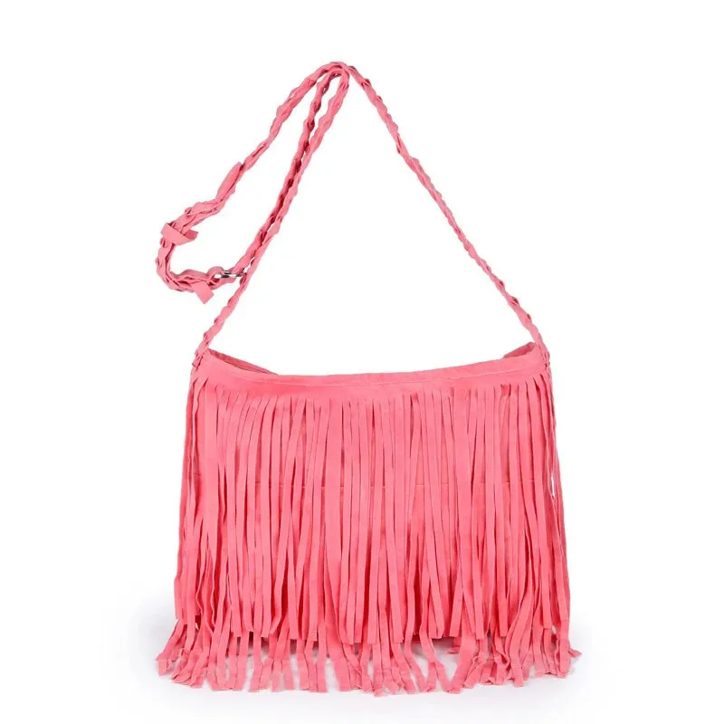 Women's Fringed Leather Shoulder Bag with Adjustable Knitting Strap Soft Ethnic Style PU Messenger Bag Solid Color 2022 New