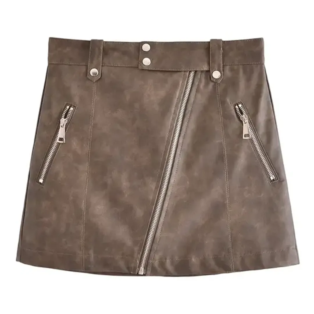 Women's Real Leather Zipper Street Style Skirt