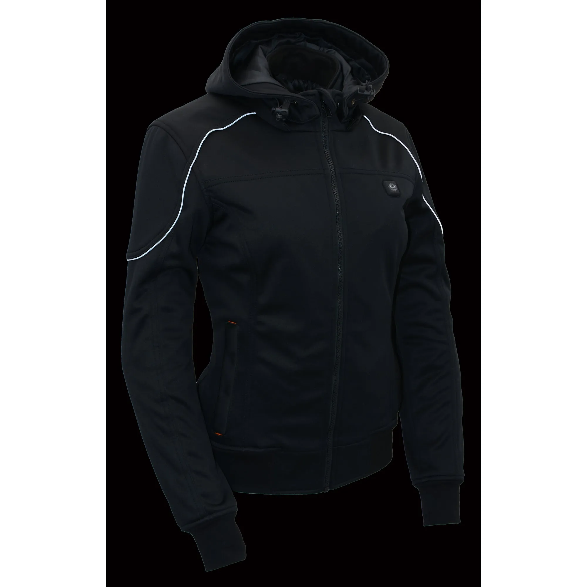 Womens Soft Shell Heated Racing Style Jacket with Detachable Hood