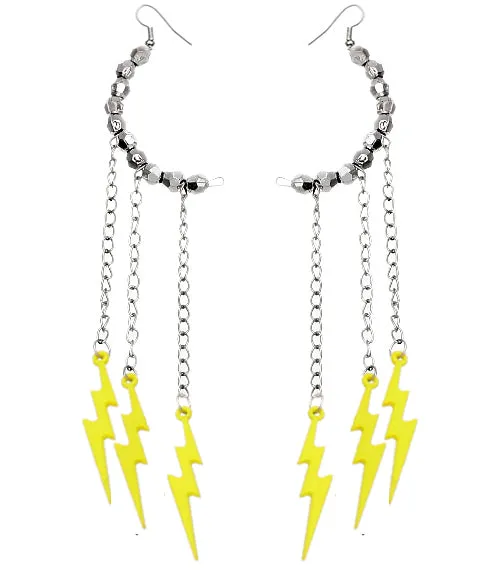 Yellow Beaded Drop Chain Lightning Bolt Dangle Earrings