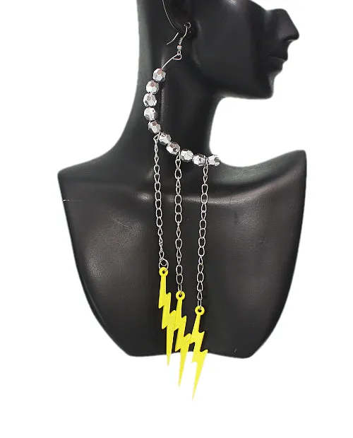 Yellow Beaded Drop Chain Lightning Bolt Dangle Earrings