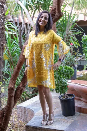 Yellow Organza Kurti-Shirt with white Embroidery & Beads