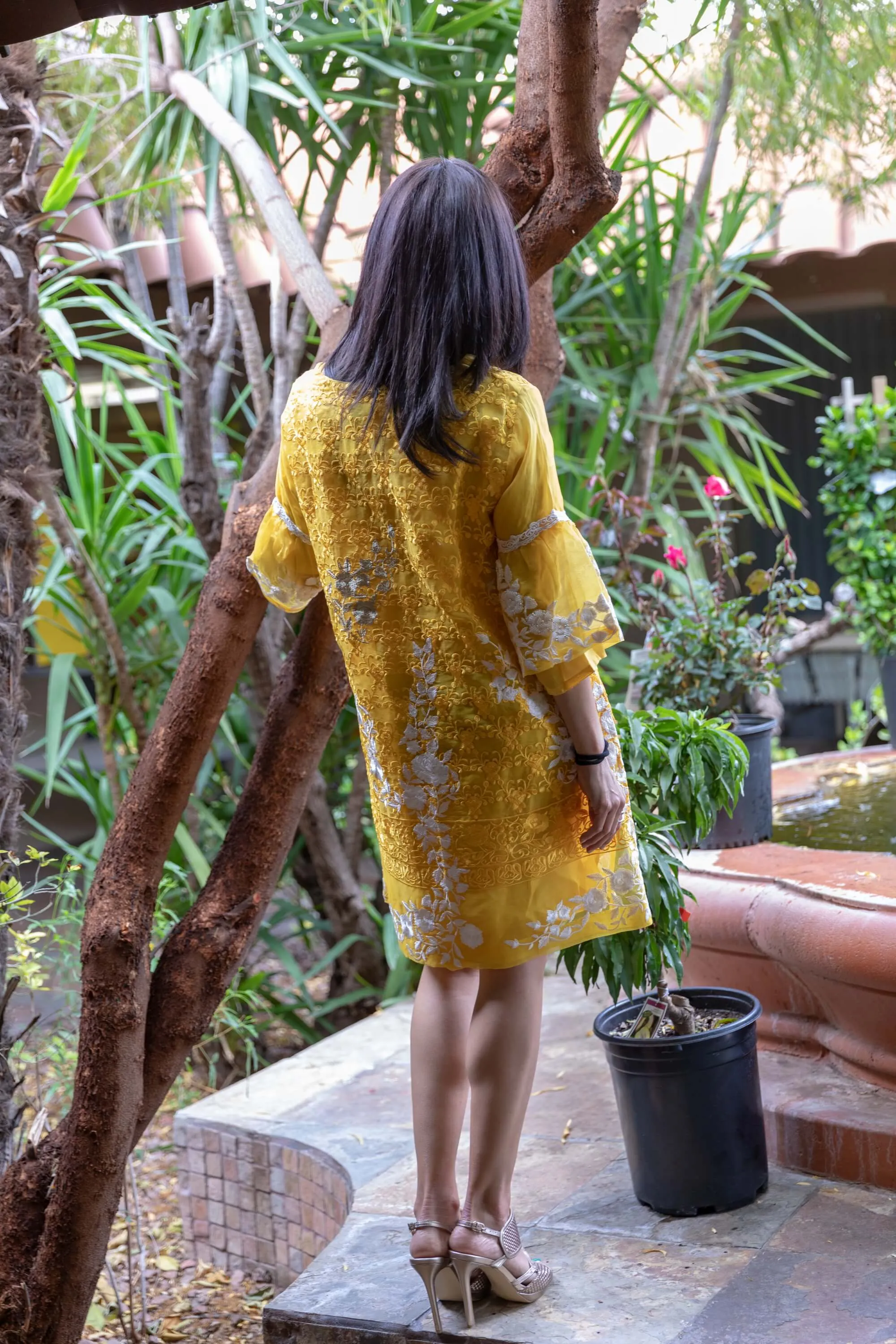 Yellow Organza Kurti-Shirt with white Embroidery & Beads