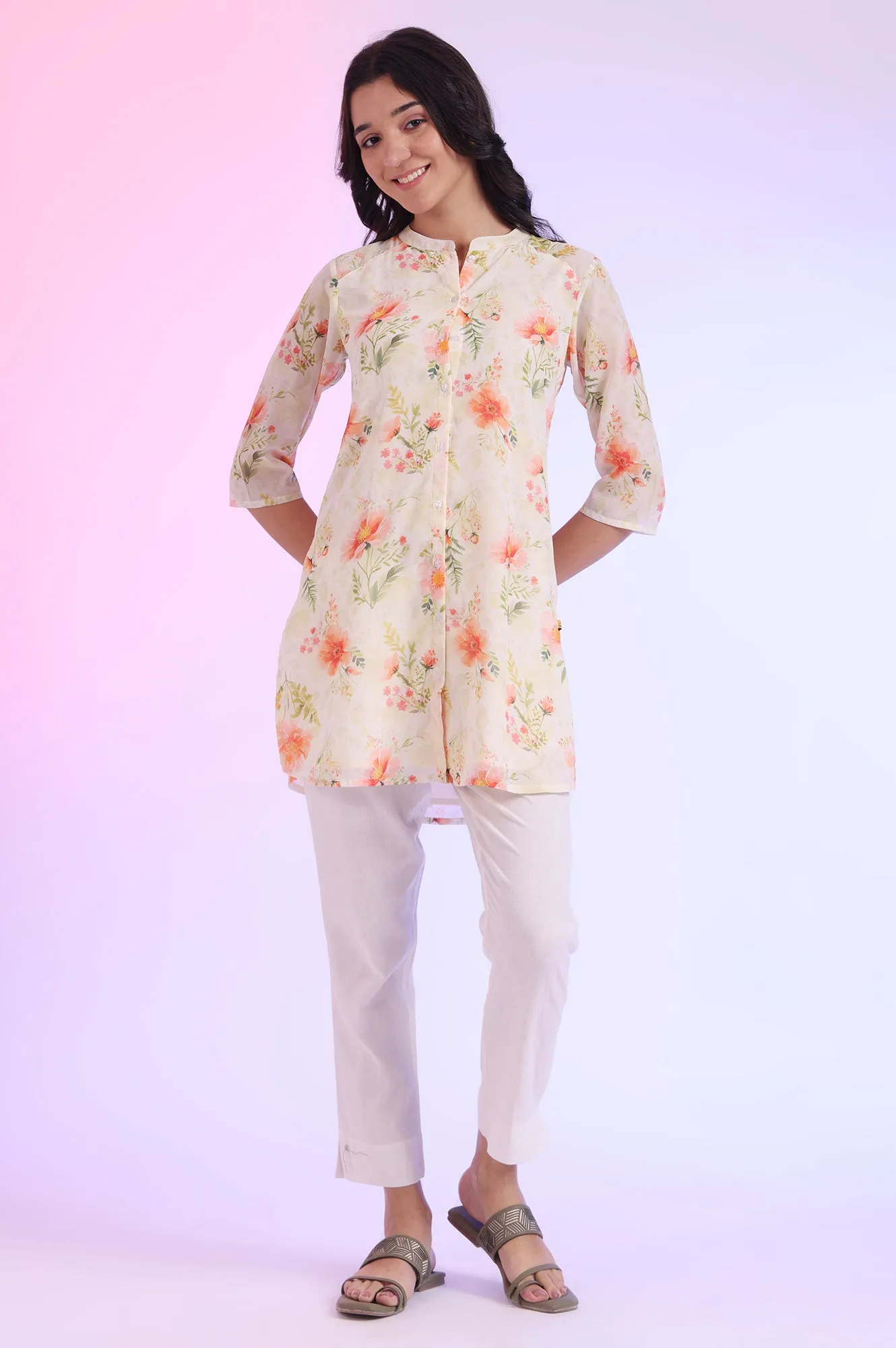 Yellow Printed Straight Kurti