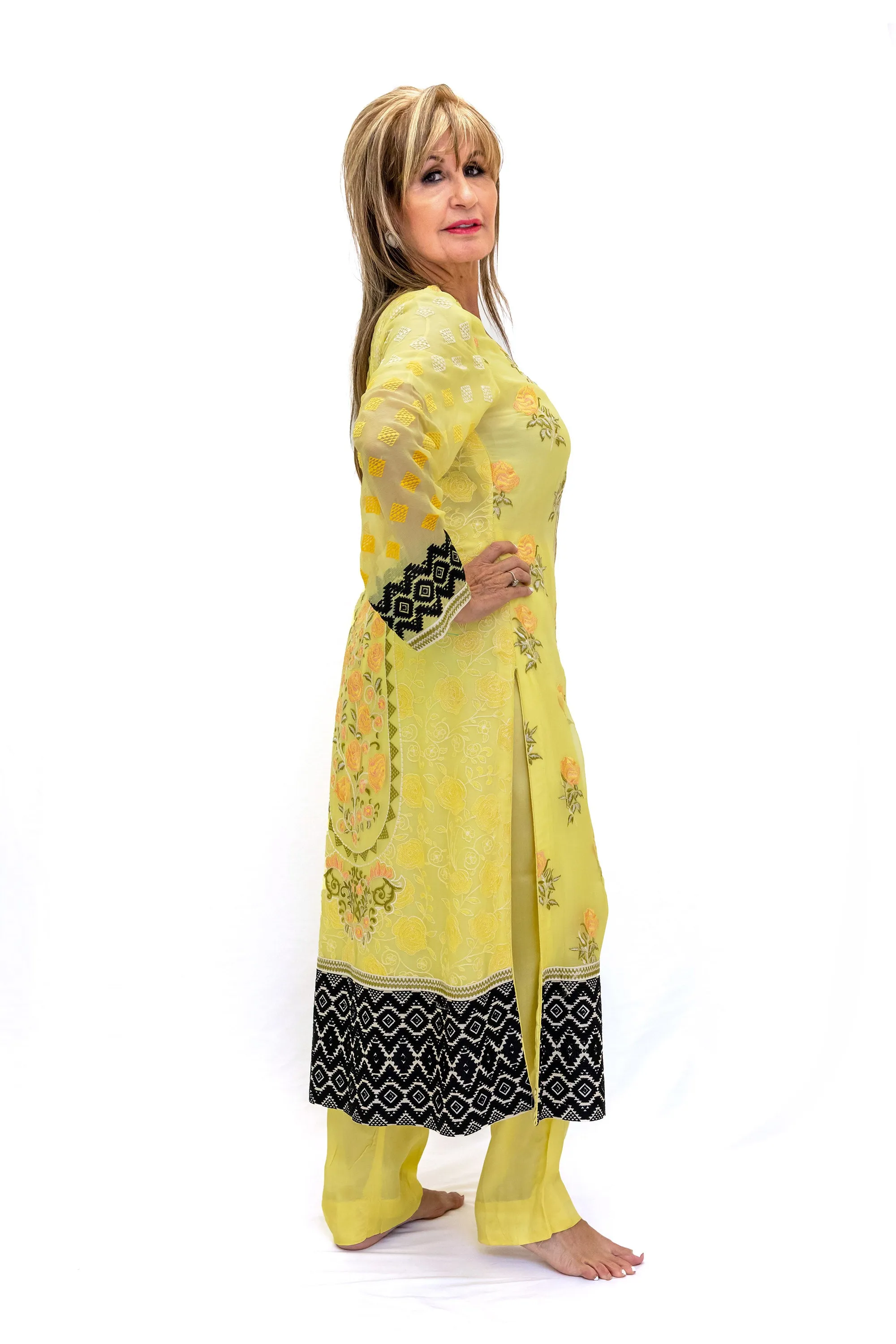 Yellow Silk & Chiffon Salwar Kameez - Suit