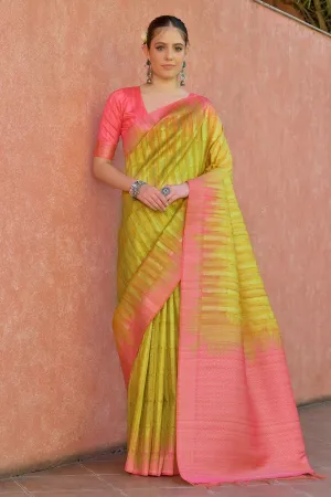 Yellow Tussar Silk Zari Saree