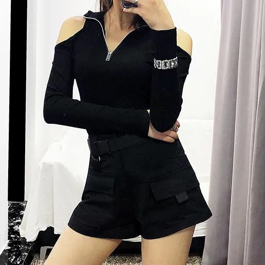 Zipper Shoulder-less Slim Shirt SD00858