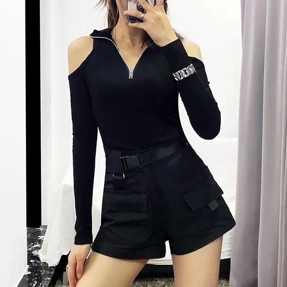 Zipper Shoulder-less Slim Shirt SD00858