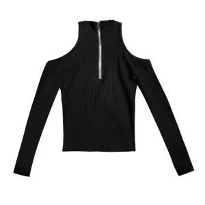 Zipper Shoulder-less Slim Shirt SD00858