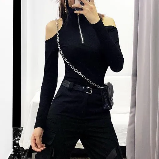 Zipper Shoulder-less Slim Shirt SD00858