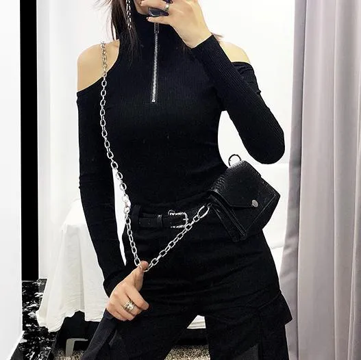 Zipper Shoulder-less Slim Shirt SD00858