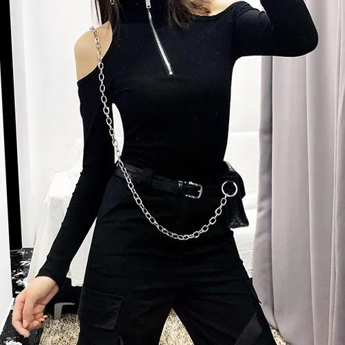 Zipper Shoulder-less Slim Shirt SD00858