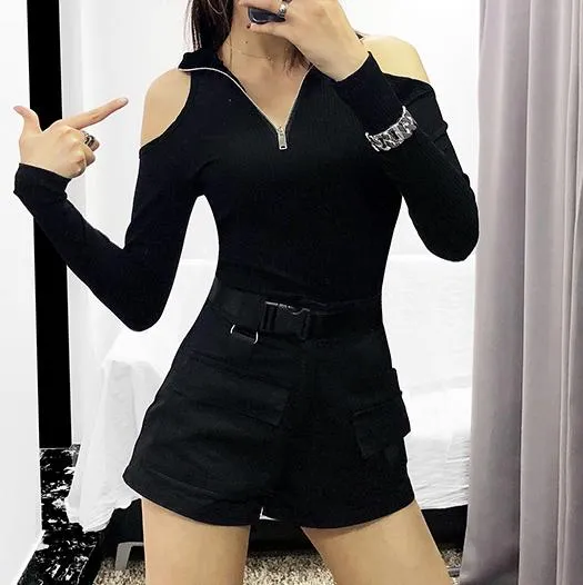 Zipper Shoulder-less Slim Shirt SD00858